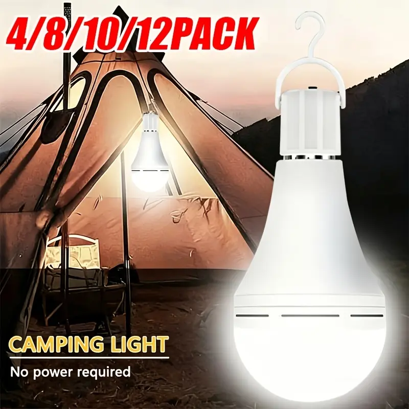 4/8/10/12PCS Rechargeable LED Emergency Bulbs, IP54waterproof, 2000mAh Large Battery 60W Equivalent Brightness, E27 Base (E26 Compatible), Wireless Portable With Hook, 6000K Cool White Light, For Home/ Office/ Camping/ Outage/ Outdoor Use, E27/E26 Base