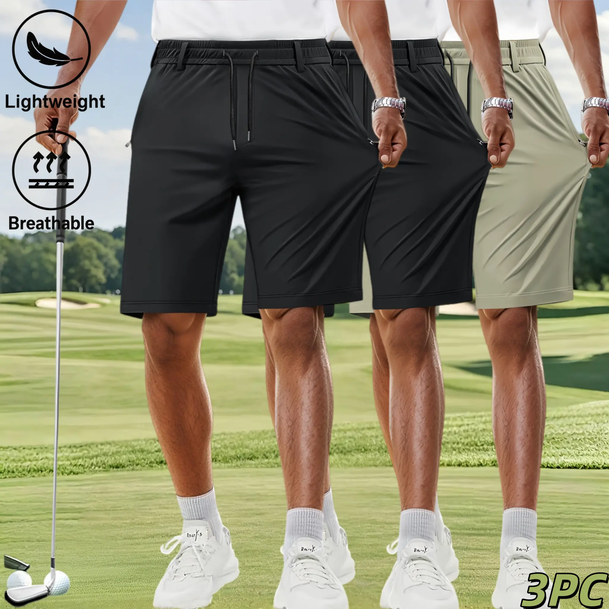 3 Pack Men’s Stretch Golf Shorts, Quick Dry Lightweight Casual Dress Shorts with Elastic Waist Drawstring & Zipper Pockets, Breathable Wrinkle Free Athletic Chino Shorts for Travel Workout Daily Summer Wear