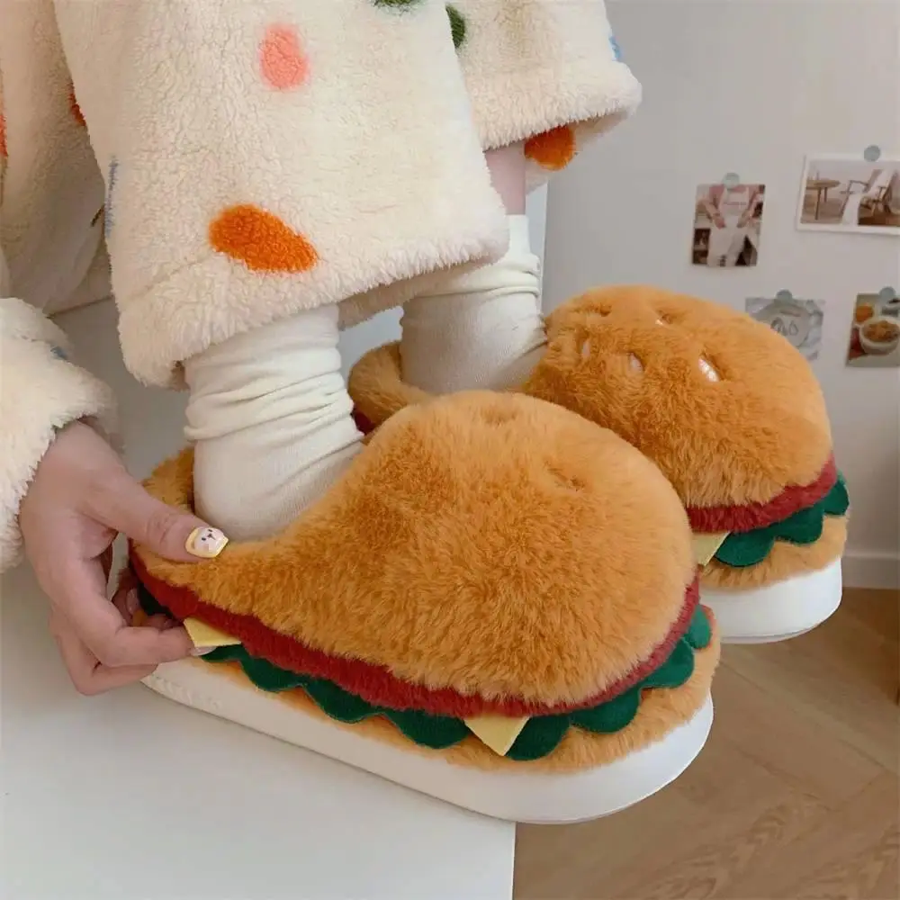 Women's Winter Warm Cartoon Hamburger Sports Slides, Thick-Sole Soft Plush Indoor Platform Home Floor Footwear