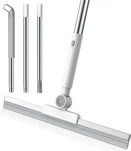 Floor Squeegee, 52-in Adjustable Long Handle Squeegee for Floor Water Removal 180° Rotatable Head Squeegee Broom for Cleaning Window Shower Glass Tile Garage Concrete Pet Hairs, Grey&White