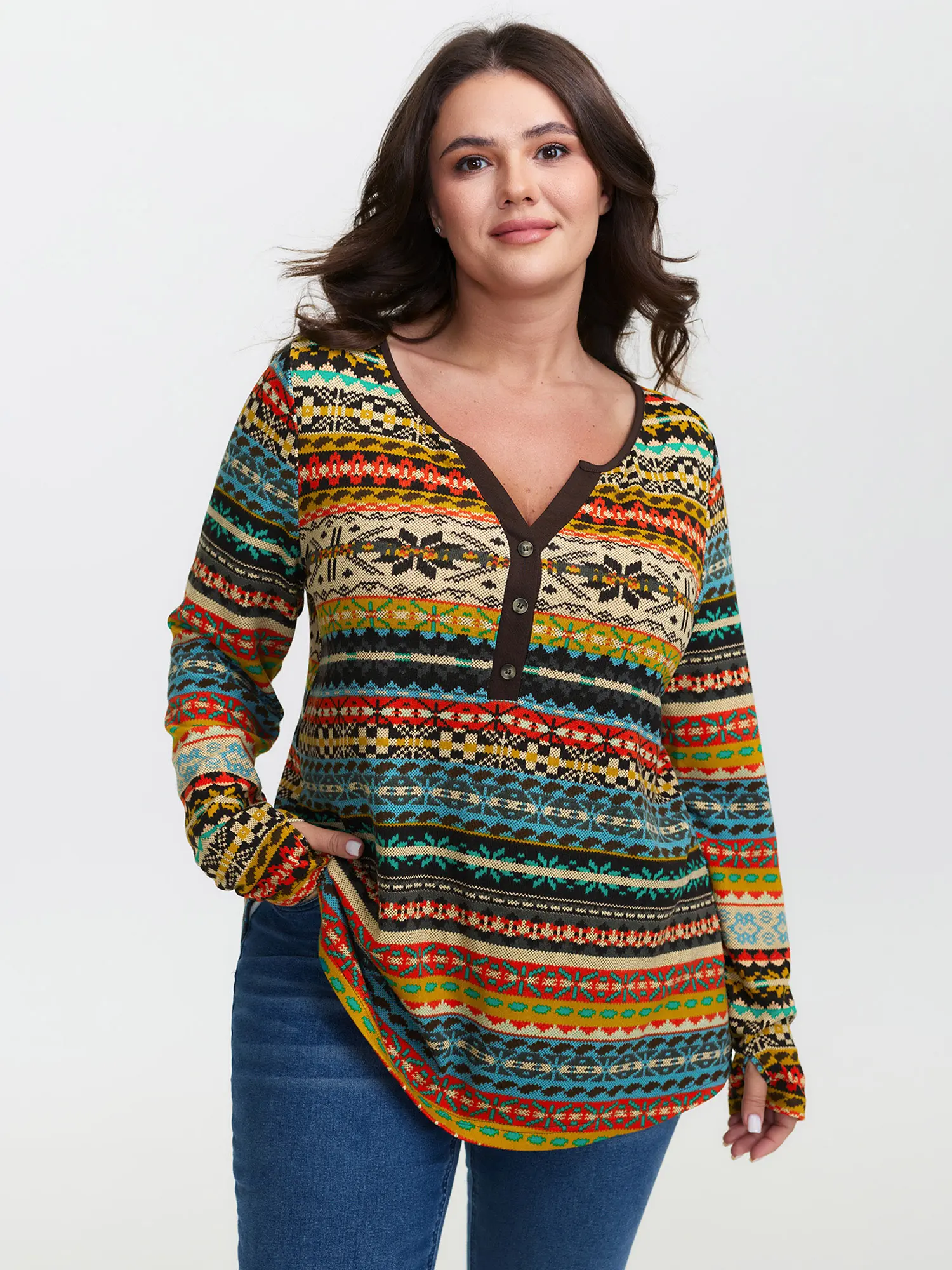 BloomChic Plus Size Bohemian Striped Polyester Blouse, Long Sleeve Button Down Casual Top with V-Neck and Contrast Binding, Tops, Blouses, Multicolor, Lady, Shirts, 76% Polyester, 19% Rayon, 5% Spandex