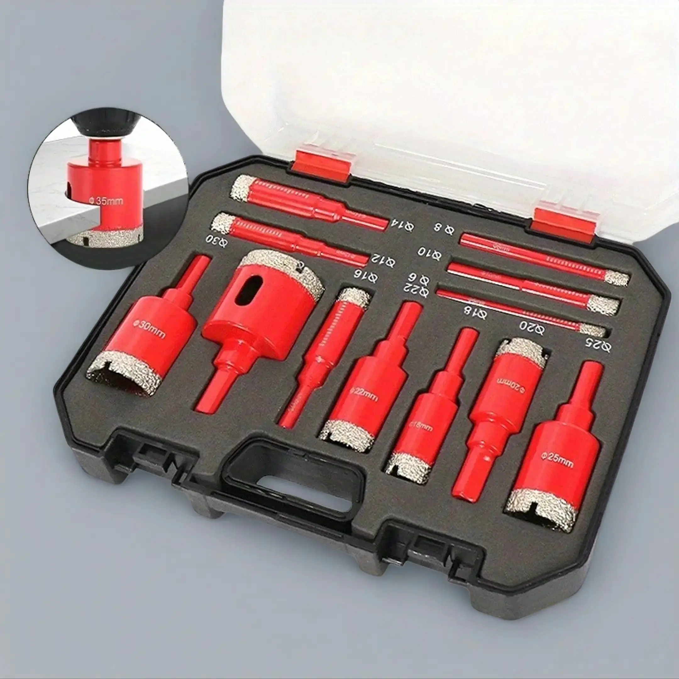 12-Piece Diamond Welding Red Dry Drill Bit Set, Drill Bits Kit, Diamond Drilling Bits for Efficient and Convenient Drilling, Suitable for Granite, Marble, Full-Size Glass Tiles and Ceramics