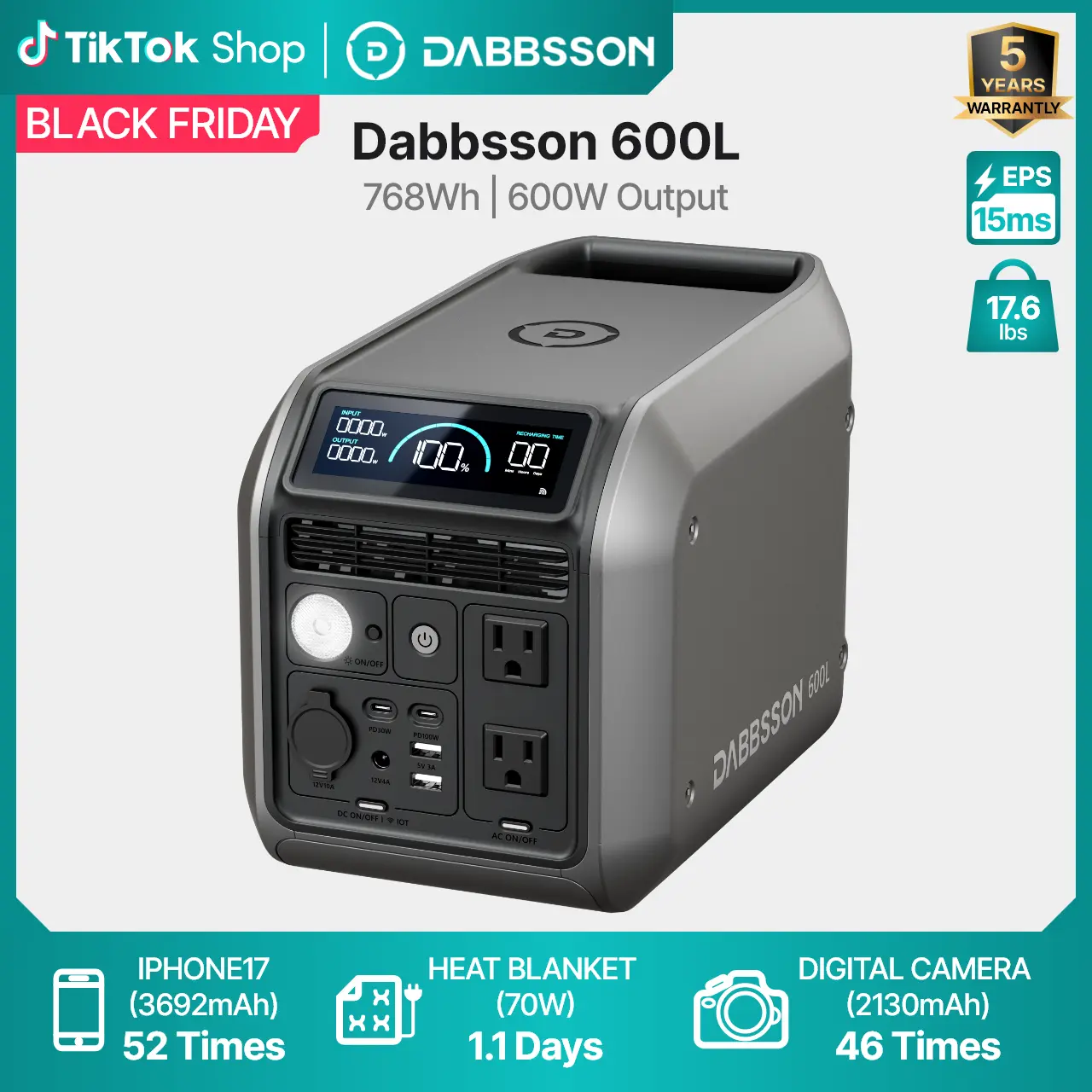 Dabbsson 768Wh 600L Portable Power Station 600W Output LiFePO4 Battery Solar Generator for Emergency Backup Power Offgrid Living Outdoor Camping Home Use RV