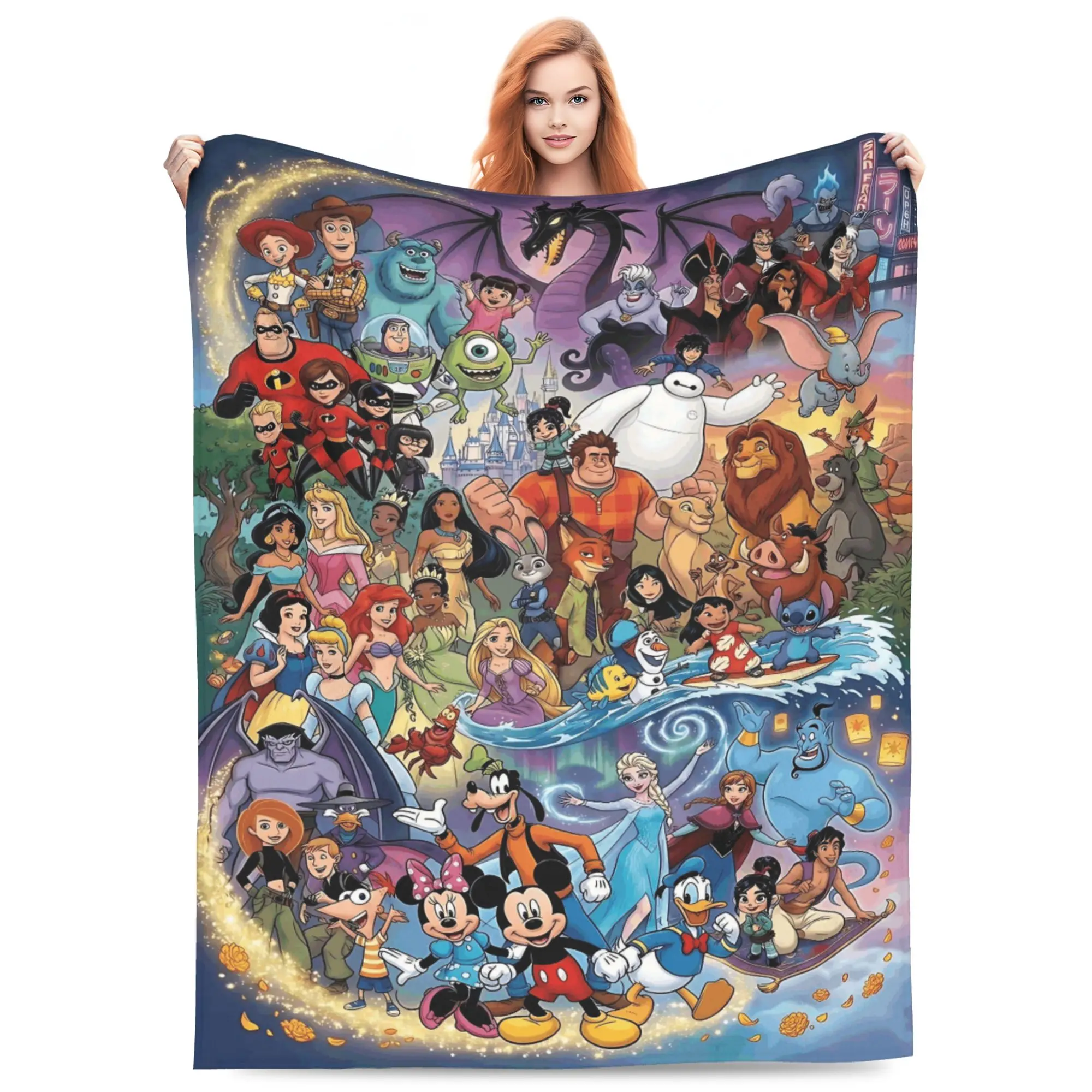 DISNEY CLASSIC Throw Blanket Cartoon Print Lightweight Cozy Fleece Blanket, Multi Princess Movie Character Magic Castle Pattern Warm Decor Blanket for Sofa Couch Bed Camping Kids Family Birthday Holiday Gift