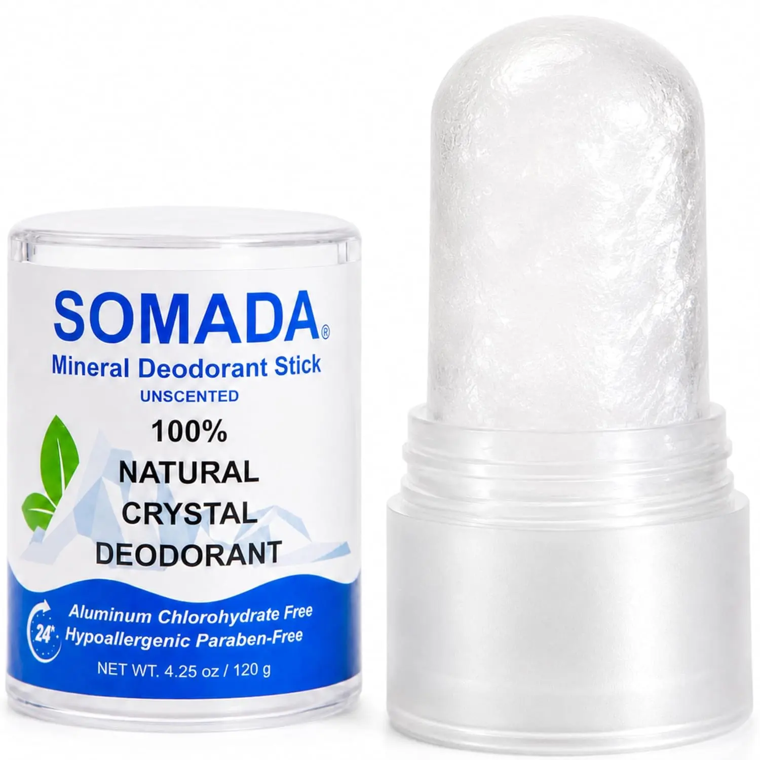 Crystal Deodorant Stick - Piedra de Alumbre - Alum Stone, 4.25oz | 100% natural mineral salt stone, unscented, aluminum-free. Neutralizes odor naturally, no white marks or residue.