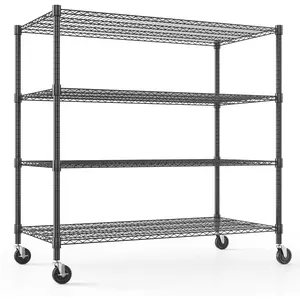 Storage Shelves with Wheels, 4-Tier Heavy Duty Steel Wire Rack Storage Shelving, Adjustable Metal Storage Shelves for Garage Kitchen Pantry Bathroom Laundry 18" D*60" W*72" H, Black