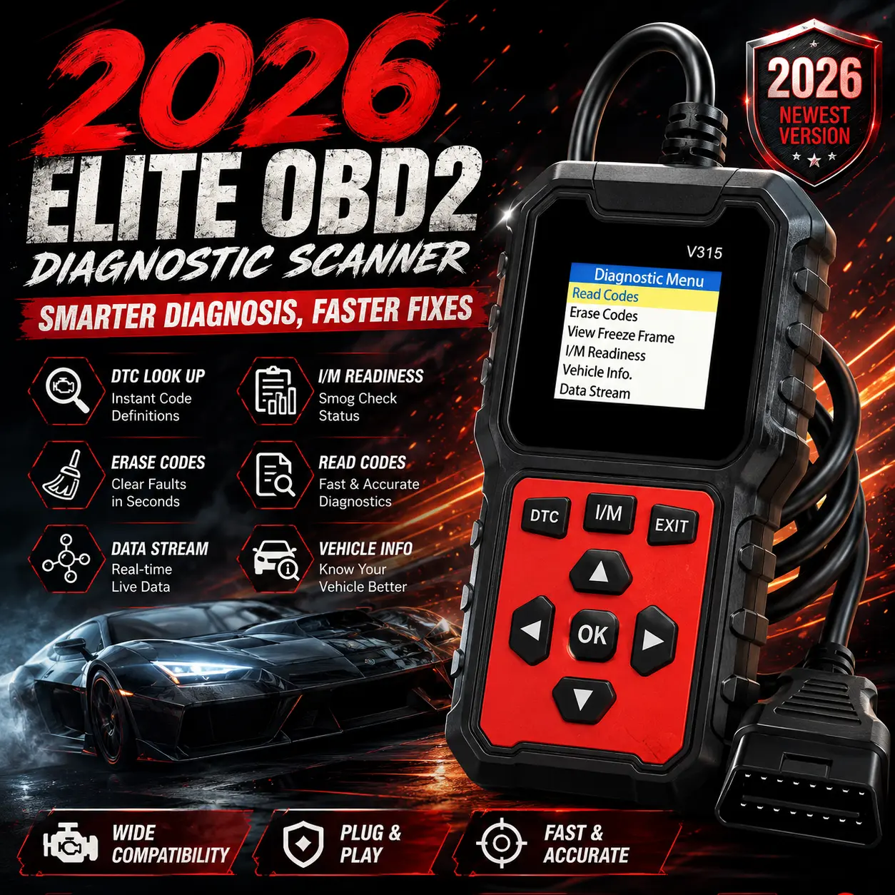 V315 OBD2 Car Diagnostic Scanner Tool - OBDII Protocol Car Engine Fault Code Reader, Voltage Tester, Charging Tester fathersdaygift
