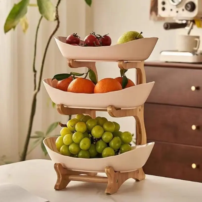 Multicolor Fruit Basket Set, 3-Tier Dessert Display Stand Set with Bamboo Rack, Plastic Fruit Bowl, Small Cake Holder, Cookie Plate, Candy Buffet, Kitchen Organizer, Bakers Rack, Display Container