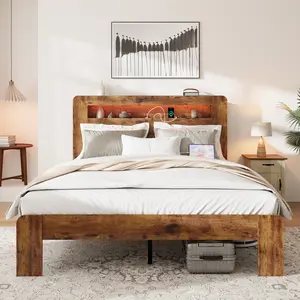 【Storage Rustic Bed】FANSACE Farmhouse Queen/King Size Storage Bed Frame, Wooden Platform Bed with Headboard, Open Bar Design, Built-in Bookshelf & LED Light, Wood Slat Support, Sturdy Structure, Easy Quick Assembly