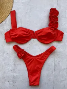 Two-Piece Set Women's Flower Decor Ruched Bikinis Set, Floral Bikini, Solid Color Underwire Bra & High Cut Panty, Ladies Summer Swimwear for Beach Holiday Vacation Ruched Bikini Bottoms, Ruched Bikini Swimsuit