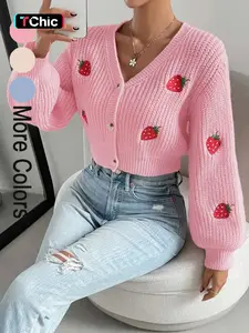 Women's Strawberry Embroidery Button Front Crop Cardigan, Casual V Neck Lantern Sleeve Knitwear for Spring & Fall, Fashion Women's Knit Clothing for Everyday Wear