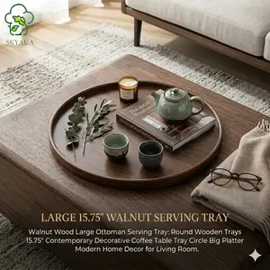 Walnut Wood Large Ottoman Serving Tray: Round Wooden Trays 15.75" Contemporary Decorative Coffee Table Tray Circle Big Platter Modern Home Decor for Living Room Rustic Brown Faux Charger Plates