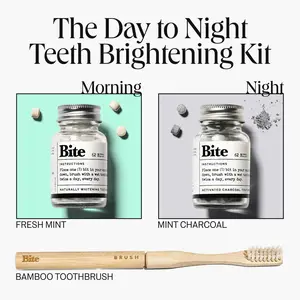 The Day to Night Teeth Brightening Kit - Whiter Teeth in 3 Days with Bite Toothpaste Bits in Mint and Mint Charcoal, Comes with Free Bamboo Toothbrush