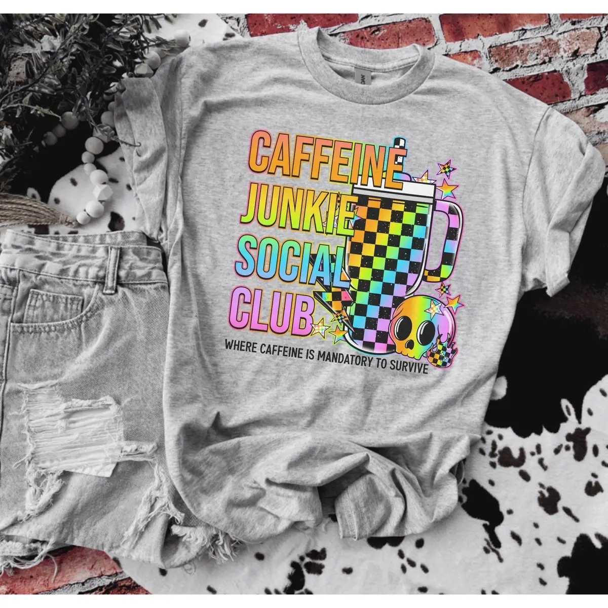 Coffee - Caffeine Junkie Social Club Bleached Shirt -  Comfy Unisex Jersey Shirt - Bleached Graphic Tee Design, Random Bleaching, True-to-Size Fit, 35% Cotton 65% Poly - Fabric