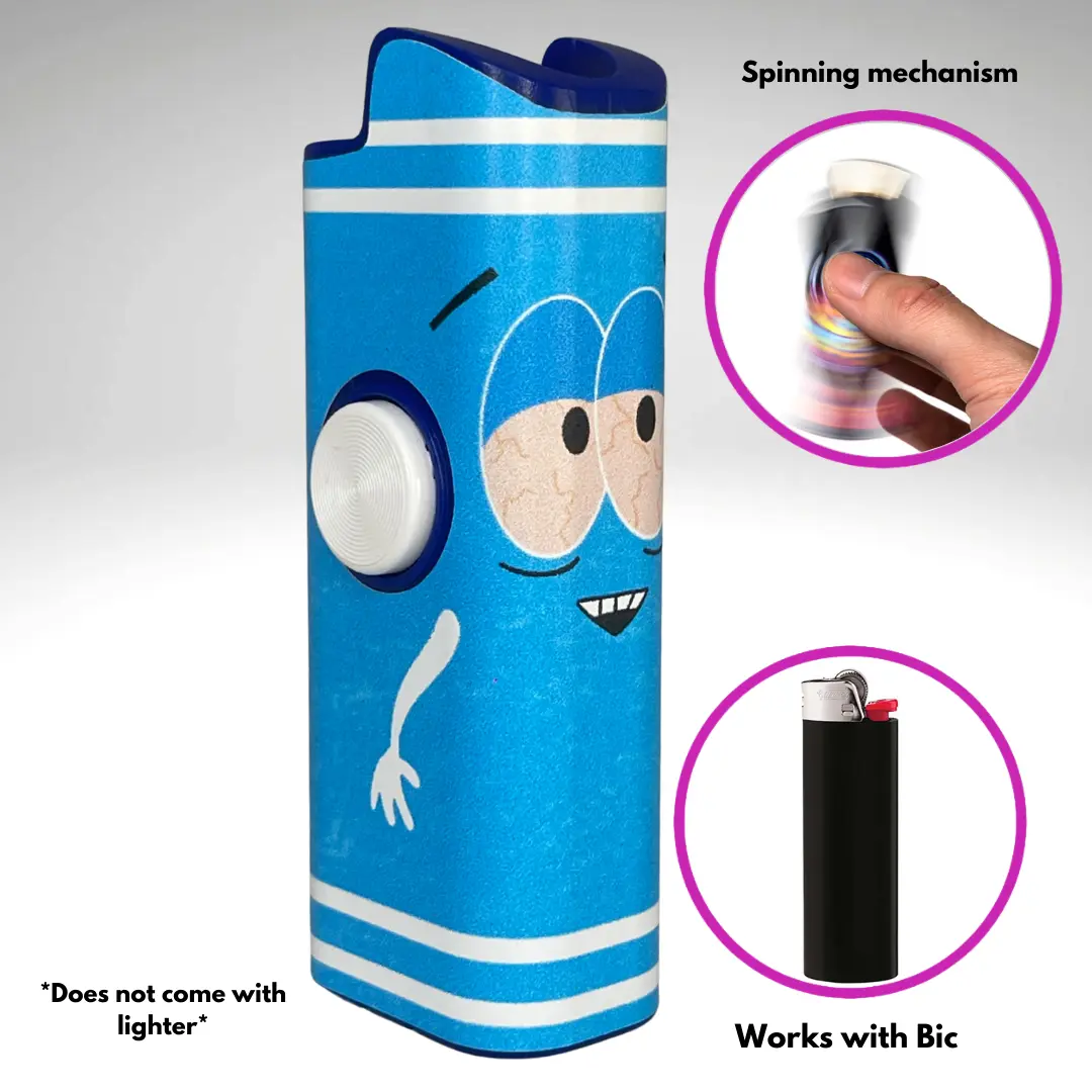 FLKR LYTR: " Blue Towlie"  Fidget Spinning lighter case White Body, works with BIC, High quality polypropylene body for durability