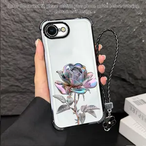 Suitable for [iPhone 16e] high-end women's phone case🥰，a beautiful four-leaf clover lanyard is included🍀，electroplated Four-Corner Shockproof phone casesophisticated, minimalist rose pattern YM99