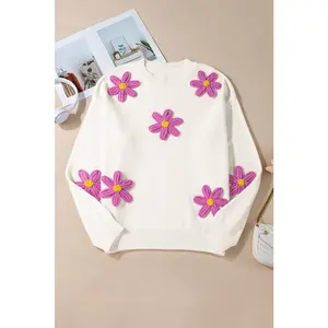 White Plus Size Flower Crochet Drop Shoulder Knit Sweater