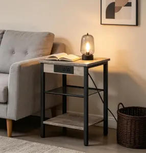 Set of 2 Side Tables with Charging Station and USB Ports, Compact End Tables Ideal for Small Spaces, 3-Tier Nightstands Featuring an Adjustable Shelf, Suitable for Living Rooms and Bedrooms, Greige Finish