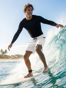 Men's Beach Casual Sporty Surfing Clothing Set, Quick-Dry Breathable Long Sleeve Rash Guard Round Neck Compression T-Shirt Tee Top, Drawstring Elastic Waist Beach Shorts Board Shorts with Zipper Side Pockets and Mesh Lining