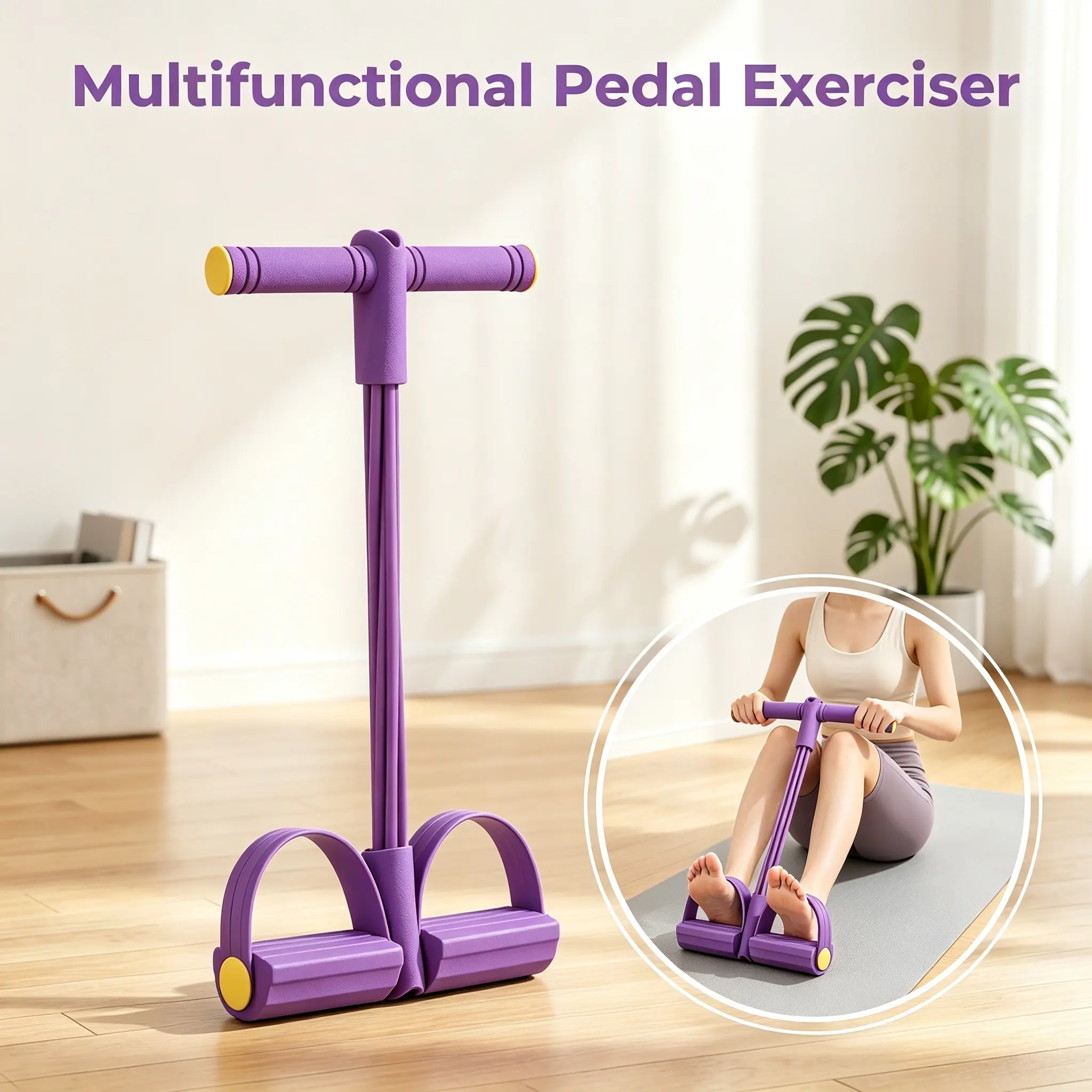 Purple Foot Pedal Resistance Pull Rope - Adjustable Elastic Bands with Padded Handles, Secure Hold Foot Loops, Full Body Workout Tool for Yoga Pedaling, Core Training, Home Gym Beginners (Latex Tube)