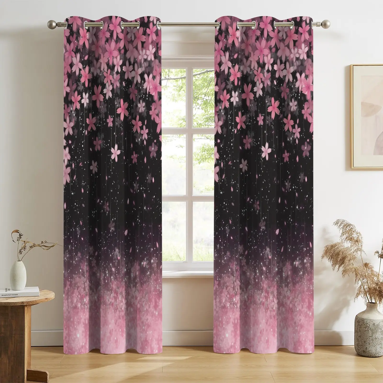 Pink Cherry Blossom Grommet Blackout Curtains, 100% Polyester Light Blocking Privacy Drapes, 52x63/52x84 Inch Floral Panels. Heat & Light Reducing Curtain for Bedroom & Bathroom, Aesthetic Sakura Decor for Fall Room Refresh for Halloween and Thanksgiving