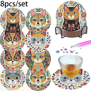 8-Piece Folk Art Cat Diamond Painting Coaster Set, DIY 5D Floral Cat Pattern, Non-Slip Drink Coasters, Home Decor Accessories