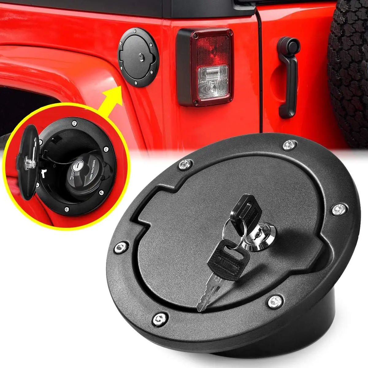 Locking Aluminum Fuel Filler Door Cover for 2007-2018 Jeep Wrangler JK Unlimited, Rubicon, Sahara Vehicle Accessories, Auto Replacement Body Part