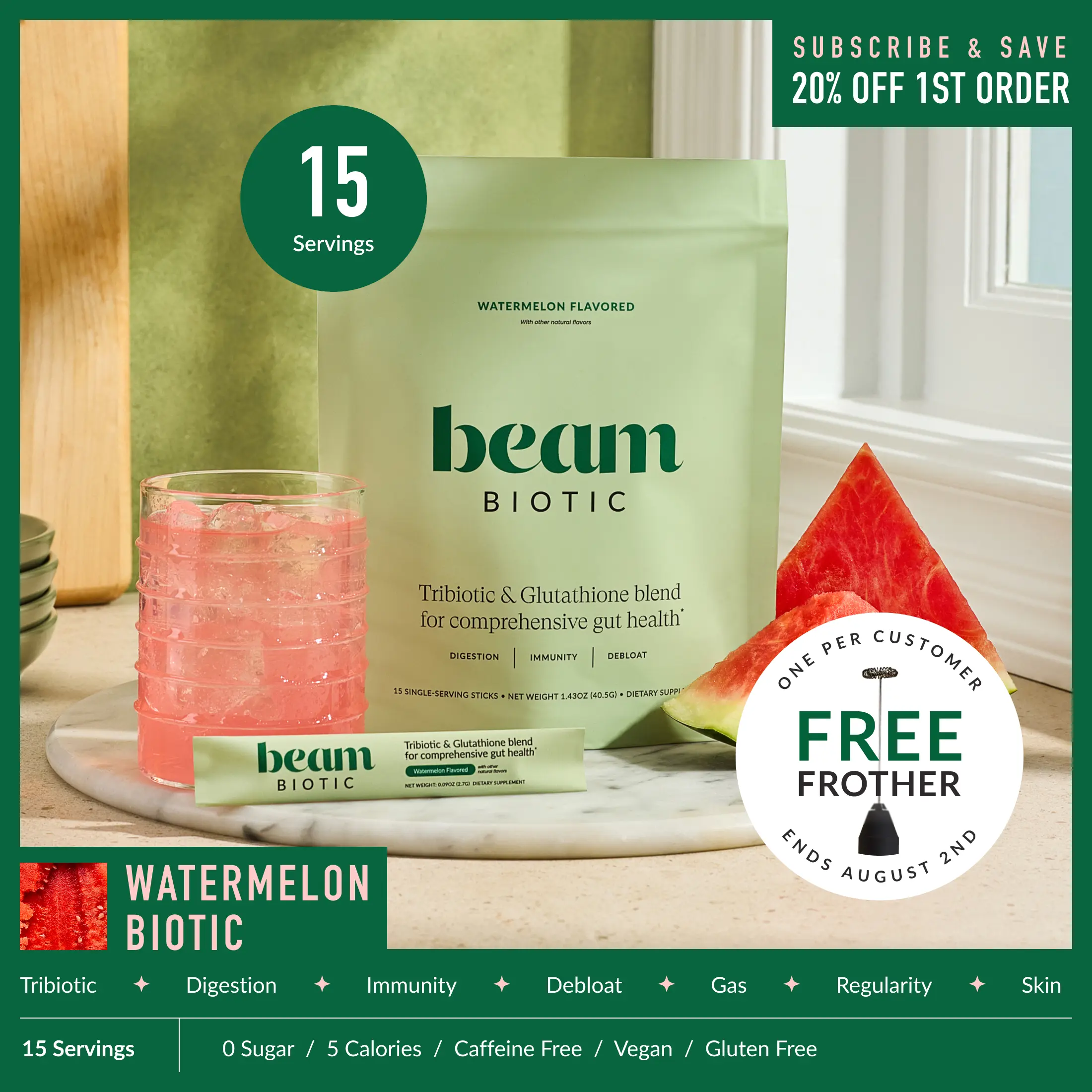 Beam Biotic Superblend Gut Health Vitamins - 15 Servings Single-Serve Sticks, Dietary, Gluten-Free, Dairy-Free, Bloating Relief, Gut Support, Mixed Berry/Blue Raspberry/Citrus Lemonade Flavors, Pre+Pro+Postbiotics+Glutathione | Summer Sale