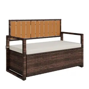 GAOMON Outdoor Storage Bench with Cushion, PE Rattan Patio Bench with Backrest, Armrests and Metal Frame, Waterproof Deck Box Seat for Porch, Backyard & Poolside, Dark Brown