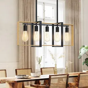 【Christmas Gift】Kitchen Island Light Fixture - 5-Light Adjustable Farmhouse Chandelier for Dining Room with Rattan+Metal Pendant Design