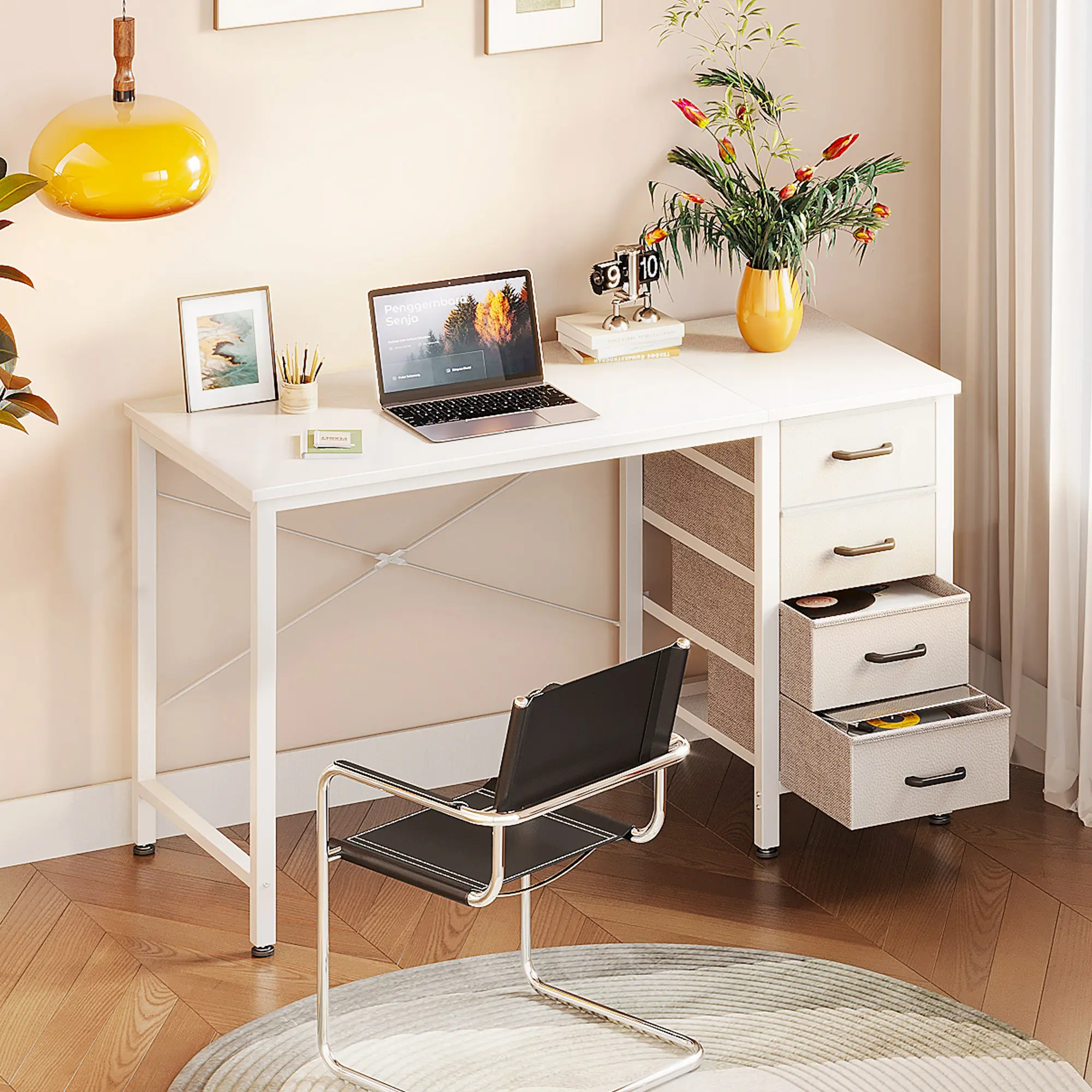 AODK 40-Inch Modern Multi-Purpose Laptop Desk - 4 Fabric Drawers, Functional Table, Home Office Workstation for Students & Small Spaces, Modern Writing Desk