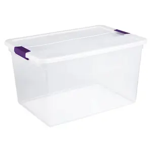 Sterilite 66qt ClearView Latch Box Clear with Purple Latches: Plastic Storage Container, Lidded & Stackable, 66 Quart