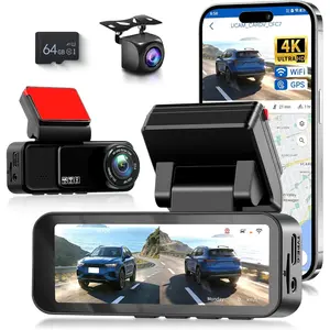 4K Dash Cam Front and Rear Full HD Dash Camera for Cars, Free 64GB Card, Built-in GPS/WiFi, 3.16" IPS Screen Dashcam Support App Control, G-Sensor, Night Vision, 24H Parking Mode