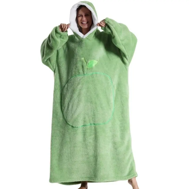 Cozy Apple Wearable Blanket,Oversized Wearable Sherpa Throw with Giant Pocket,Oversized Hoodie Blanket for Adults, Ultra Soft Fleece Lounge Wear for Couch & Outdoor,Oversized Hooded Blanket with Sleeves