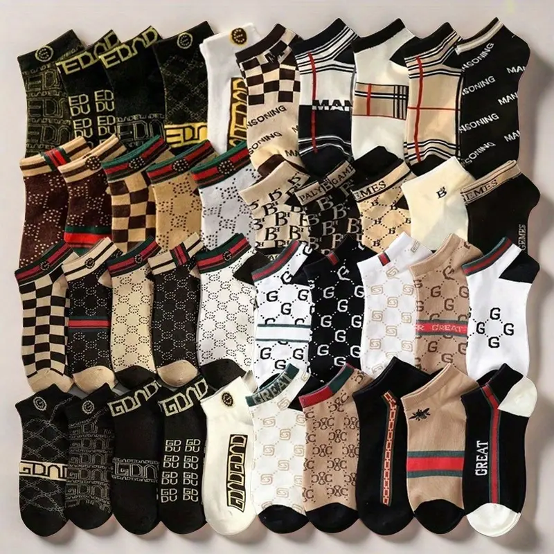 Geometric Low-Cut Ankle Socks 10-Pair Pack, Soft Cotton-Blend for Women & Men, Breathable Designer-Inspired Unisex Set, Ideal Womens Gifts