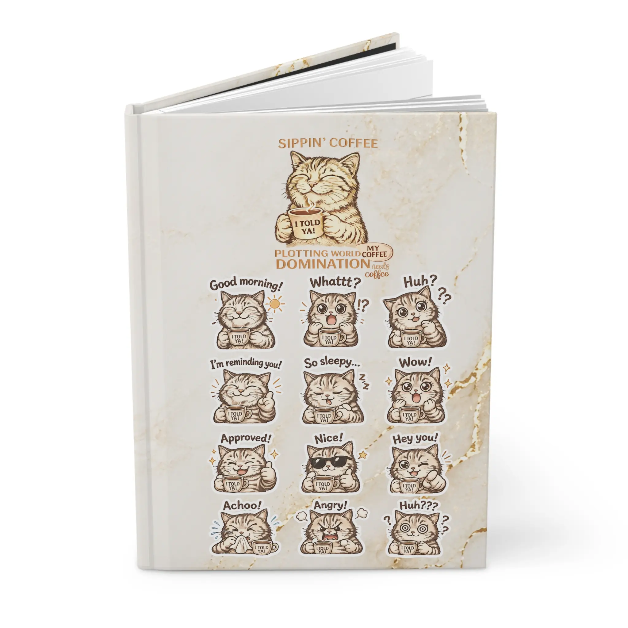 Cute Coffee Cat Emoticons Hardcover Journal | Notebook, Marble Cover