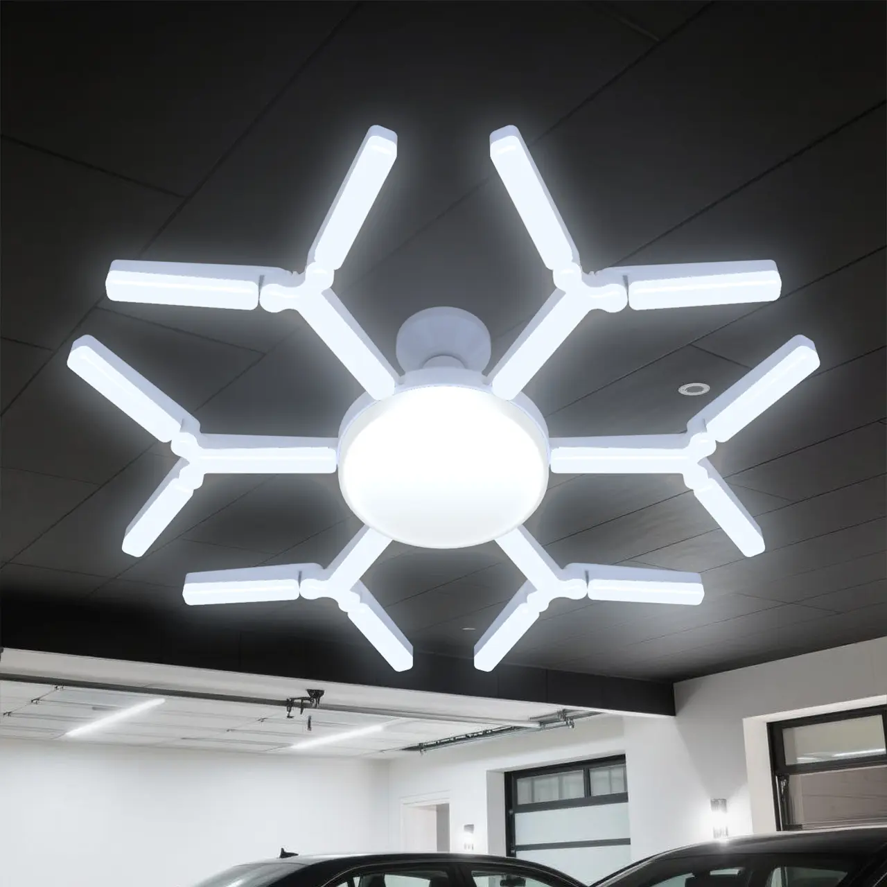 HYPERLITE 120W Super Bright LED Garage Light, Adjustable Lights with Foldable Snowflake Panels, 360-Degree Wide Lighting, Easy Screw-In Installation, Energy-Saving, Durable, High Lumen Output for Garage, Workshop, Super Bright Light