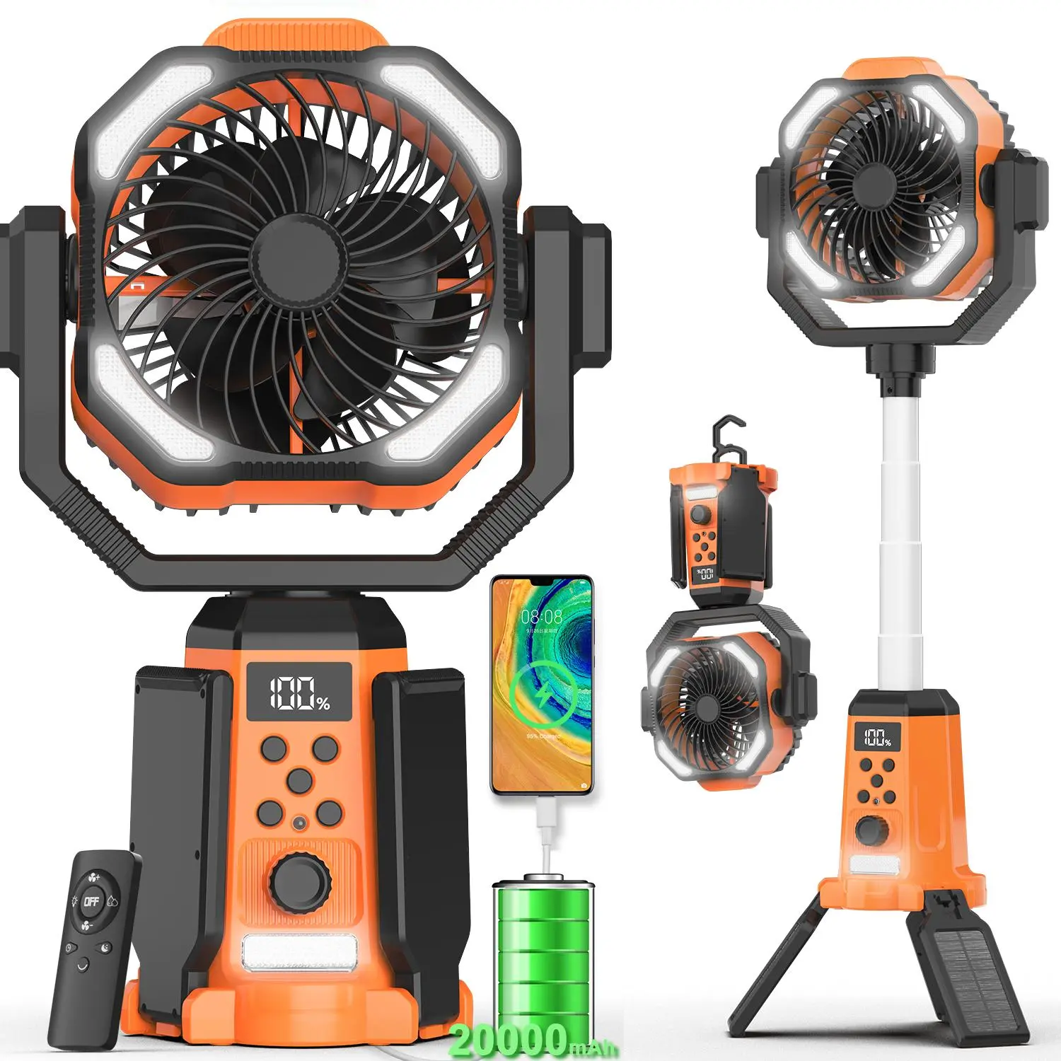 Solar Camping Fan - 10W 20000mAh Foldable Compact Stay Cool Automatic Battery-Powered Portable Fan with Light, Timer, Power Bank, 360° Rotatable, Height Adjustable, Charging and Cooling for Picnic, Camping,back to school,back to school haul