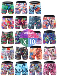 10-Pack Men's Fashion Graffiti Pattern Boxer Briefs Set Trunks, Soft Comfort High Elasticity, Casual Geometric Print, All-Season Slim-Fit Underwear