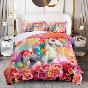 3pcs Unicorn Floral Comforter Set, Fantasy Duvet Set for Girls and Adults Bedroom or Guest Room Decor, Lightweight Soft All Seasons Comforter Machine Washable Microfiber Quilt with 2 Pillowcases , Gifts for the Family Animal