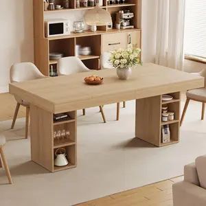 New Upgraded 63-Inch Rectangular Dining Table with Storage, Ulti-Purpose Wooden Dining Room Table, Large Tabletop & Sturdy Frame, Wooden Kitchen Table with Double Pedestal, for Dining Room, Office