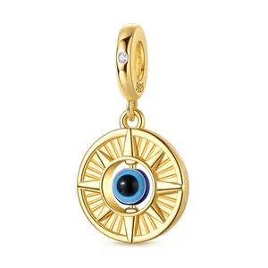 Bead Charm for Women, Crafted Gold-Plated Silver with Spiritual Sun Eye Motif and Zircon Accents, Pandora Compatible Anniversary Birthday Gift
