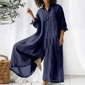 Solid Color Casual Long-sleeved Medium and Long Cotton and Linen Shirt Jumpsuit for Women