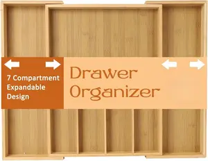 [New Deal] Expandable Bamboo Drawer Organizer 7 Compartments Adjustable for Utensils Silverware Kitchen Living Room Bedroom Eco-Friendly Premium Gift Boxes