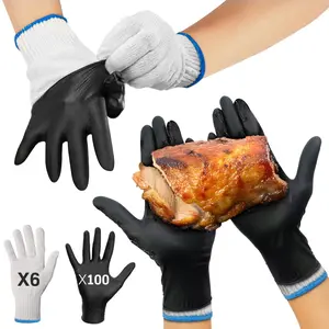 Raxwell BBQ Gloves - Black Heat Resistant Cooking Gloves with 6 Cotton Liners & 100 Disposable Nitrile for Grilling, Smoking & Hot Food Prep