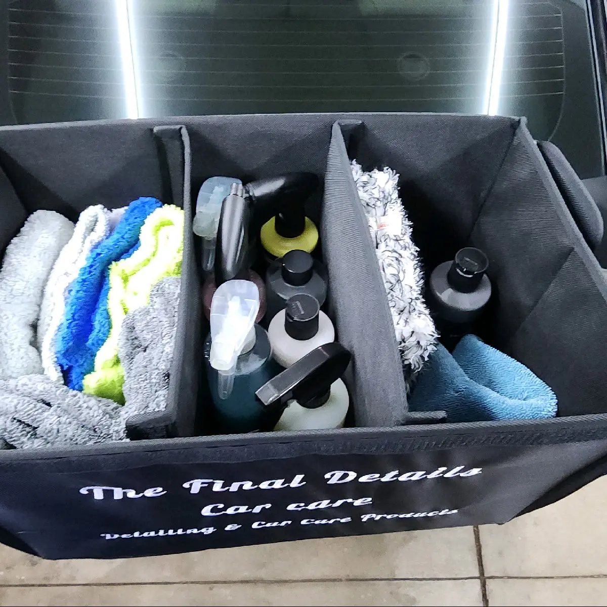 The Final Details Trunk Organizer - Black Storage Container with Multiple Sections for organizing all you detailing products.