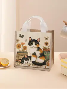 Cat Pattern Lunch Bag, Portable Lunch Box Handbag, Casual Handbag, Bento Bag, Dinner Large Capacity Camping Student Picnic Food and Beverage Bag, Tote Lunch Bag