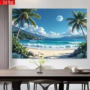 2D flat banner 1pc - Hawaiian Beach Scene Banner - A tropical banner featuring palm trees, waves and a full moon, suitable for weddings, birthdays, anniversaries, as well as seasonal home and event decorations, and Hawaiian party decorations