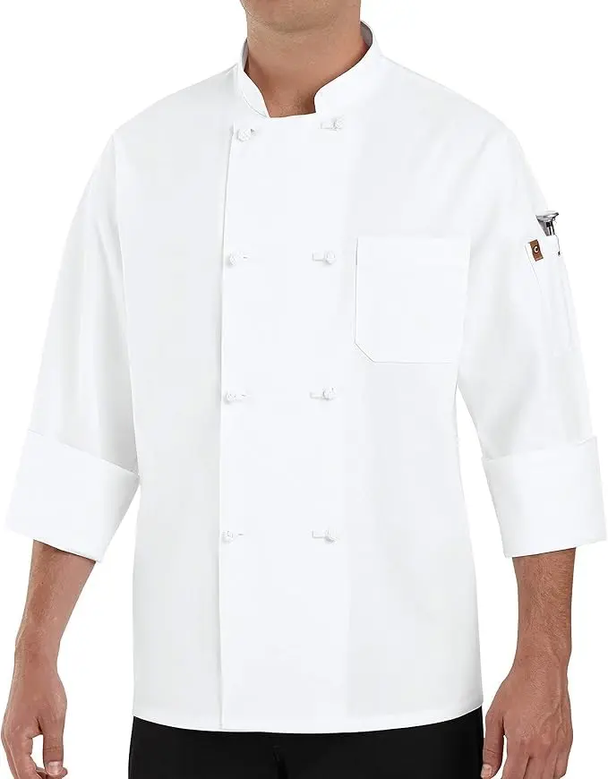 Red Kap Men's Long Sleeve Double-Breasted Stain-Resistant Chef Coat Uniform - Menswear Mens Clothing Clothes with Knot Buttons, Pockets, Thermometer Pocket, Vented Clean-Finished Cuffs, Reversible Front, Durable Fabric