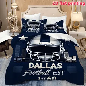 2D Flat 3Pcs Dallas Football Est Duvet Cover, American Team Themed Bedding with Helmet & Skyline Design, Soft Microfiber Comforter for Sports Fans Bedroom Decor, Decorative Duvet Cover, Duvet Cover Sets (1 + 2 Pillowcases, Unfilled)
